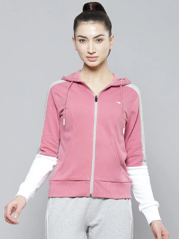 Alcis Women Pink White Solid Cotton Hooded Regular Outdoor Sporty Jacket