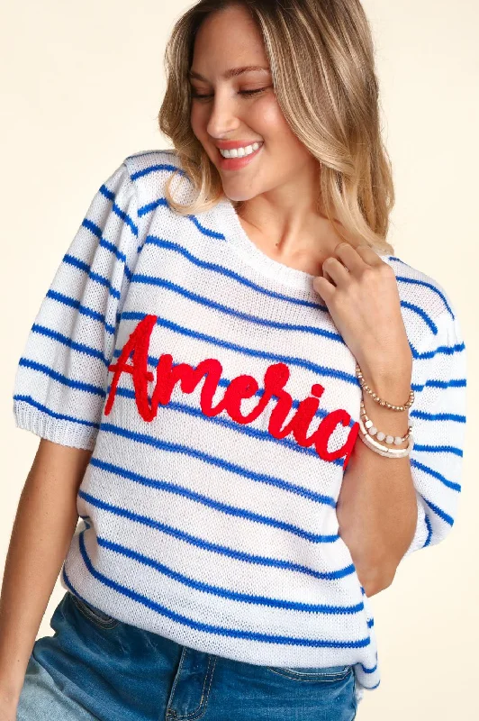 America Pop Up Letter Stripe Sweater Knit Top