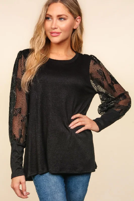 Black Lace Sleeve Soft Hacci Sweater Knit Top