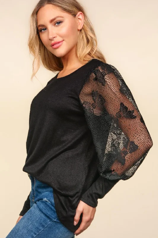 Black Lace Sleeve Soft Hacci Sweater Knit Top