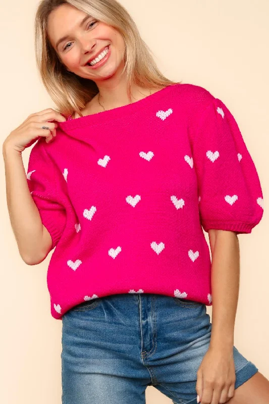 BUBBLE PUFF SHORT SLEEVE HEART SWEATER TOP