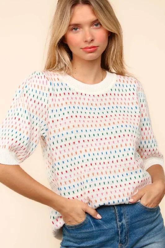 BUBBLE SHORT SLEEVE MULTI COLOR SWEATER TOP