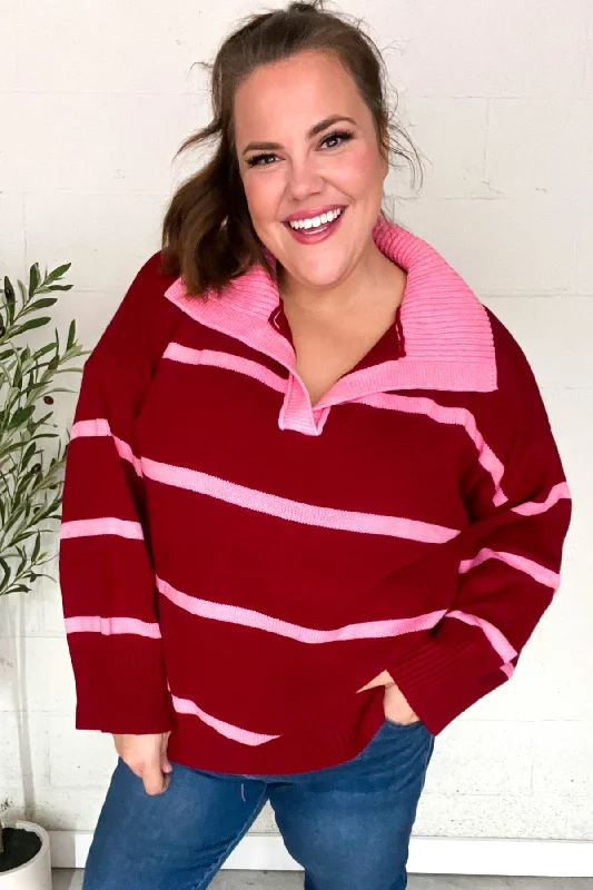 Fall For You Crimson Stripe Notched Neck Collared Oversized Sweater (Open Pack)