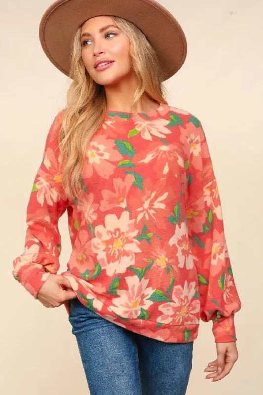 FLORAL BRUSHED HACCI SOFT SWEATER KNIT TOP