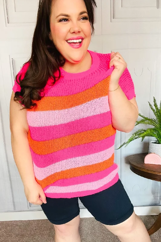 Feeling Bold Fuchsia & Orange Stripe Short Sleeve Dolman Sweater (Open Pack)