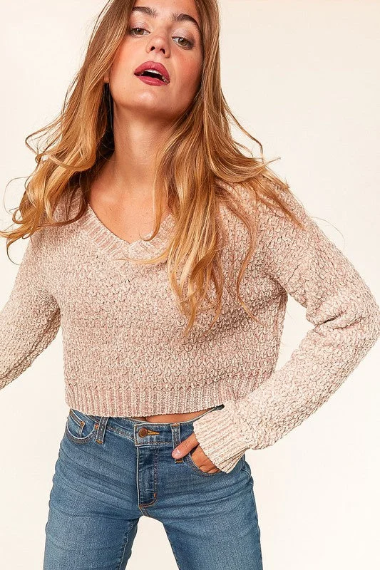 Latte Chenille Velvet Cropped Knit Top Sweater (Open Pack)