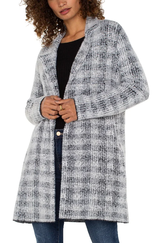 Long Sleeve Open Front Sweater Coat in Grey White Plaid