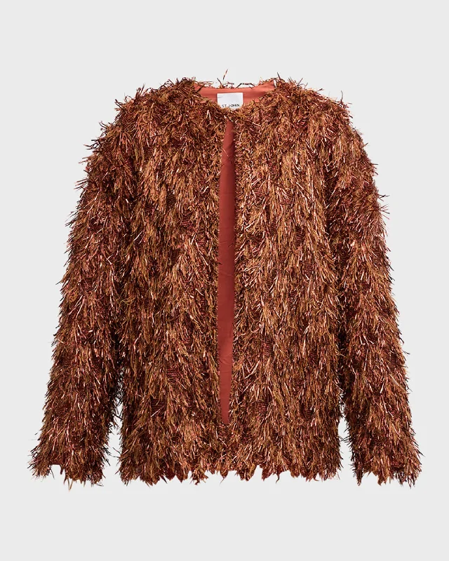 Metallic Sequin Faux-Fur Fringe Knit Jacket