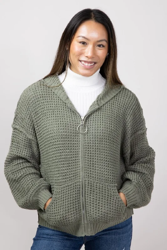 Miracle Textured Hooded Zip Sweater for Women in Sage | 7411-SAGE