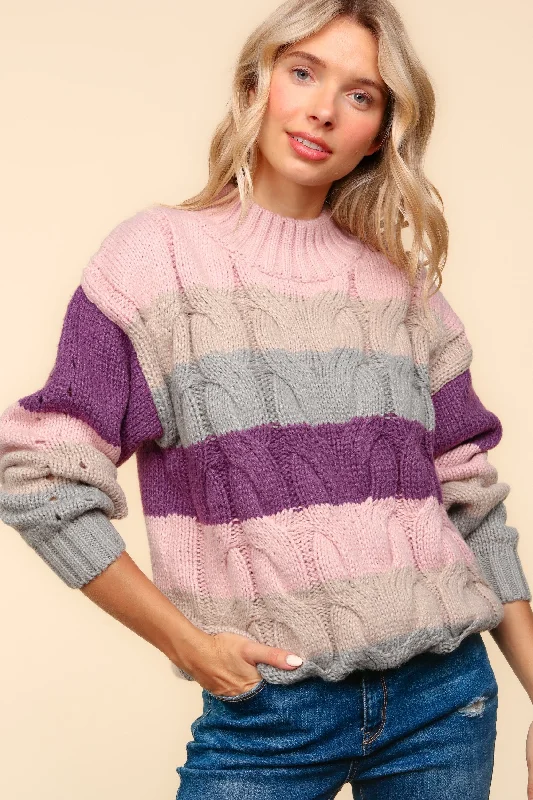 MOCK NECK STRIPE CABLE PATTERN SWEATER TOP