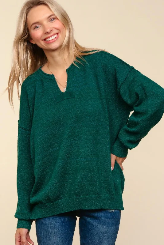 NOTCHED NECK OVERSIZED SWEATER KNIT TOP