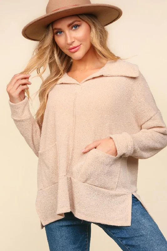 OATMEAL COLLARED NOTCH NECK OVERSIZED SWEATER KNIT TOP