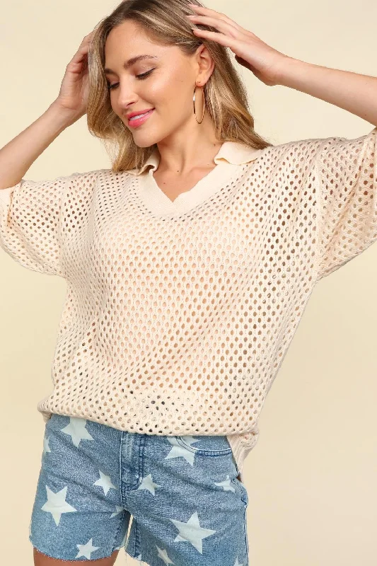 Oatmeal Collared Oversized Netted Crochet Sweaterknit