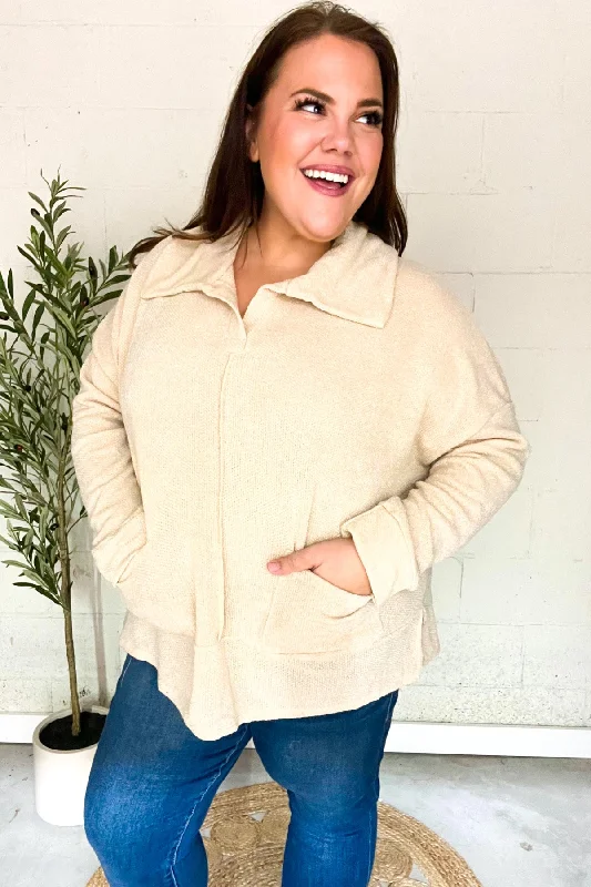 Easy Living Oatmeal Textured Knit Notch Neck Oversized Collar Sweater (Open Pack)