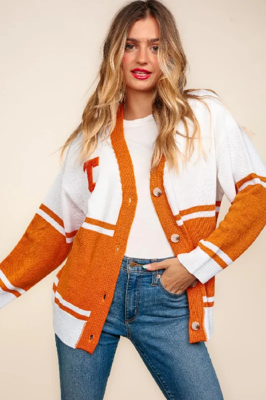 Burnt Orange V Neck Button Down Pop Up Letter Patch Sweater