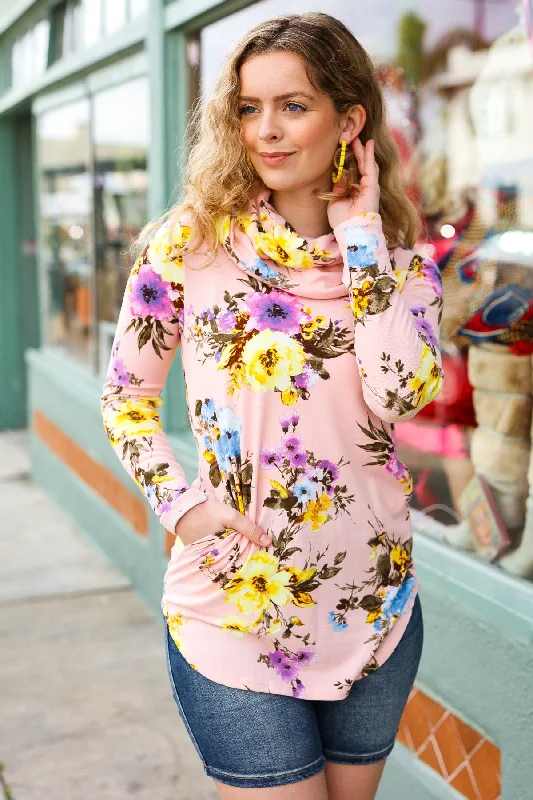 Pink Floral Print Cowl Neck Sweater Top