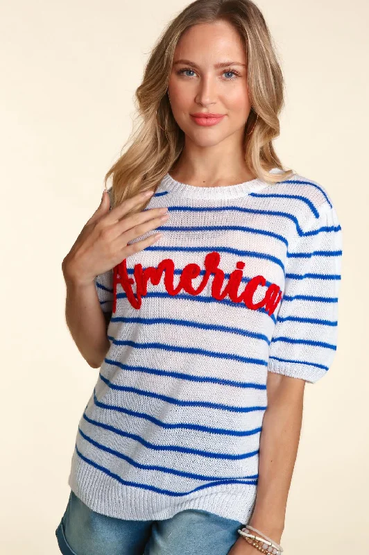 Plus America Pop Up Letter Stripe Sweater Knit Top