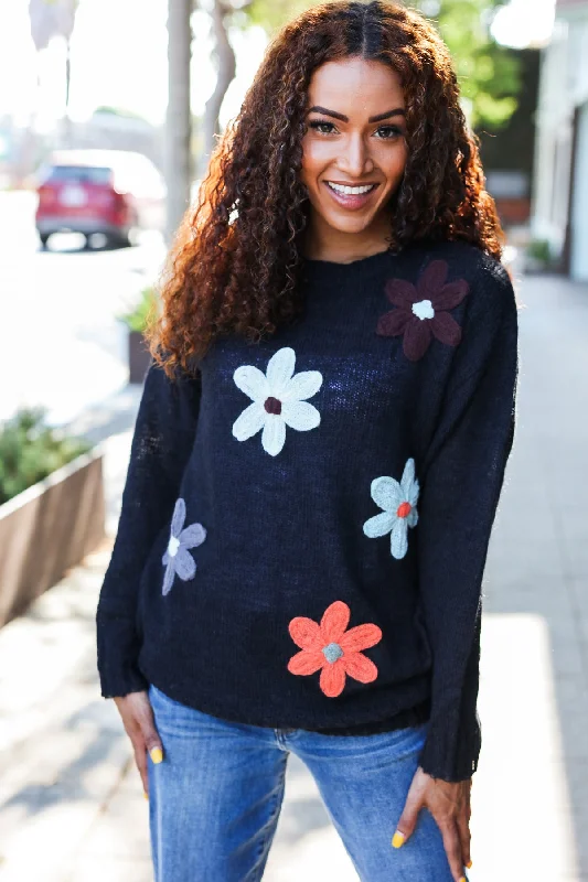 PLUS BLACK LONG SLEEVE FLOWER PATCHES  SWEATER KNIT TOP