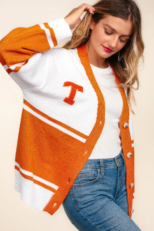 Plus Burnt Orange V Neck Button Down Pop Up Letter Patch Sweater