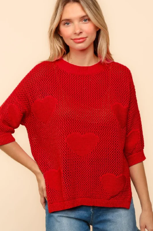 PLUS HEART NETTED CROCHET SWEATER KNIT TOP