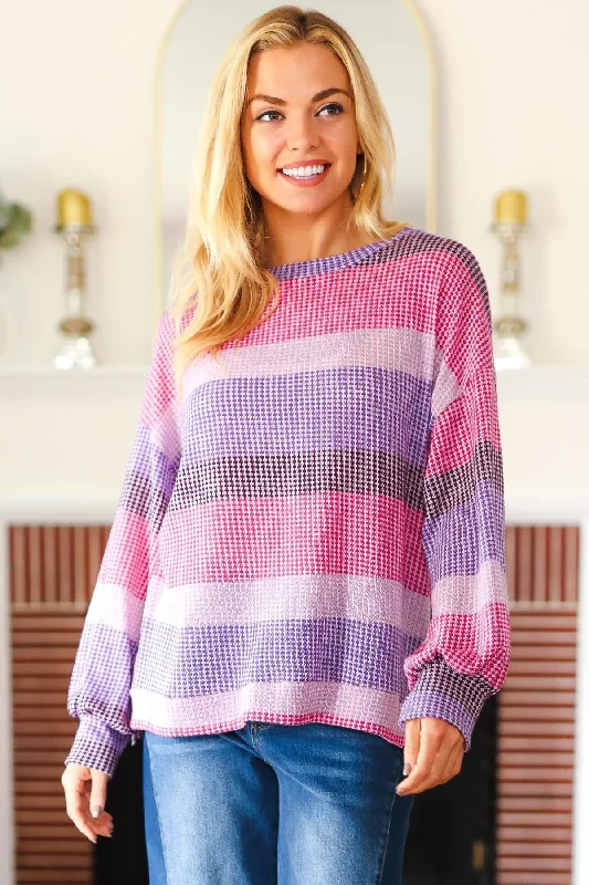 Plus Magenta/Pink Round Neck Drop Shoulder Sweater Knit Top