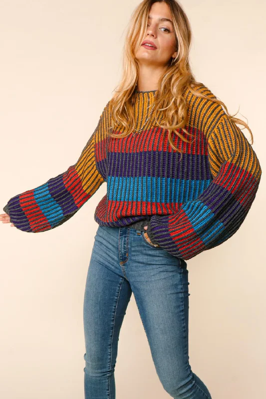 PLUS MULTI COLOR STRIPE BUBBLE LONG SLEEVE OVERSIZE SWEATER