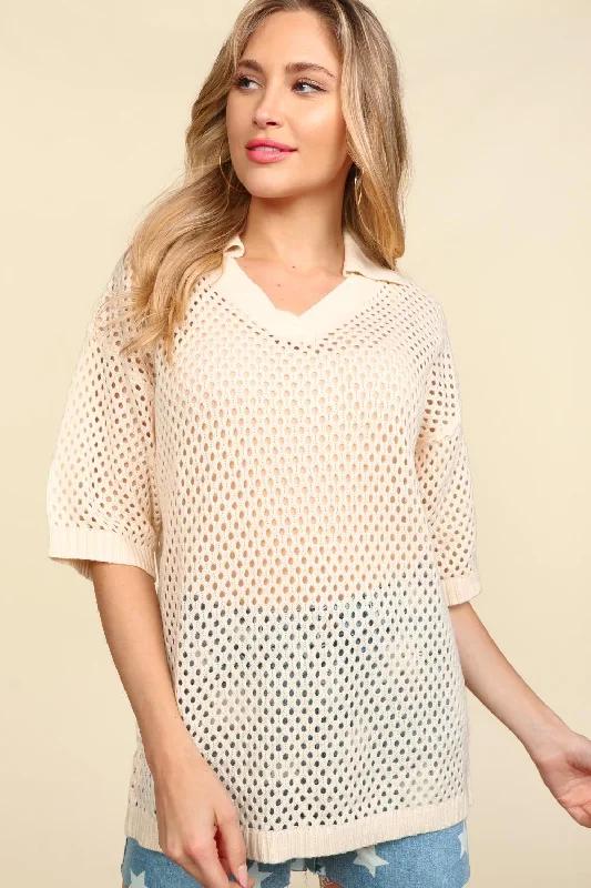 Plus Oatmeal Collared Oversized Netted Crochet Sweaterknit