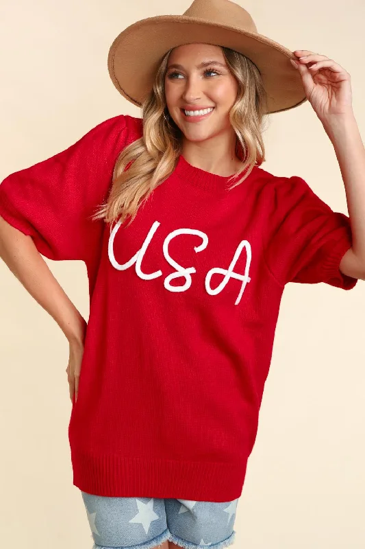 PLUS RED USA POP UP LETTER SWEATER KNIT TOP