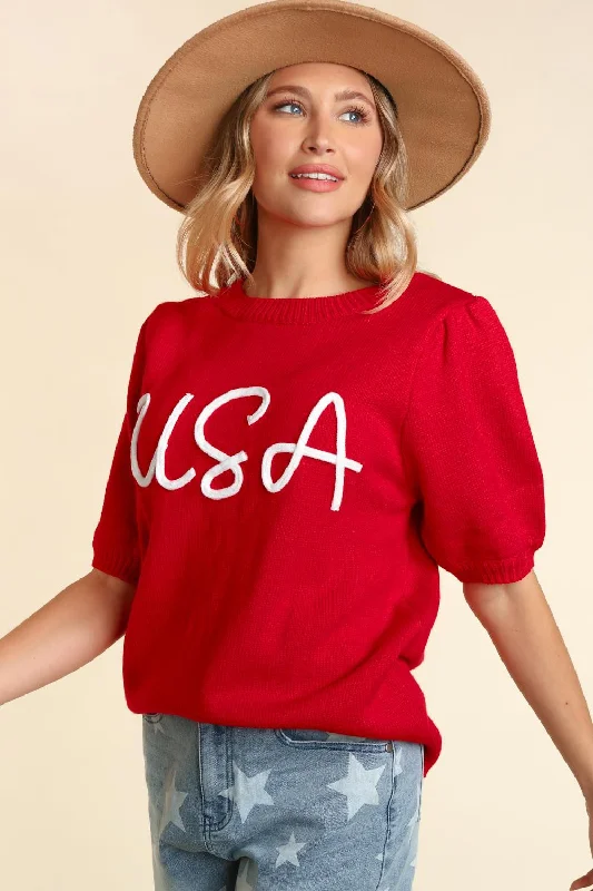 RED USA POP UP LETTER SWEATER KNIT TOP