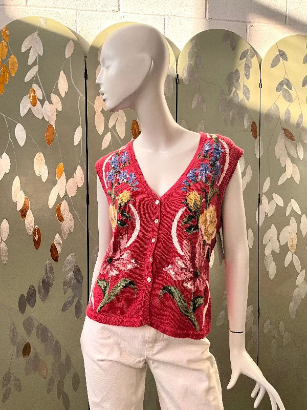 Vintage 1990s Pink Floral Sweater Vest, Susan Bristol, Medium