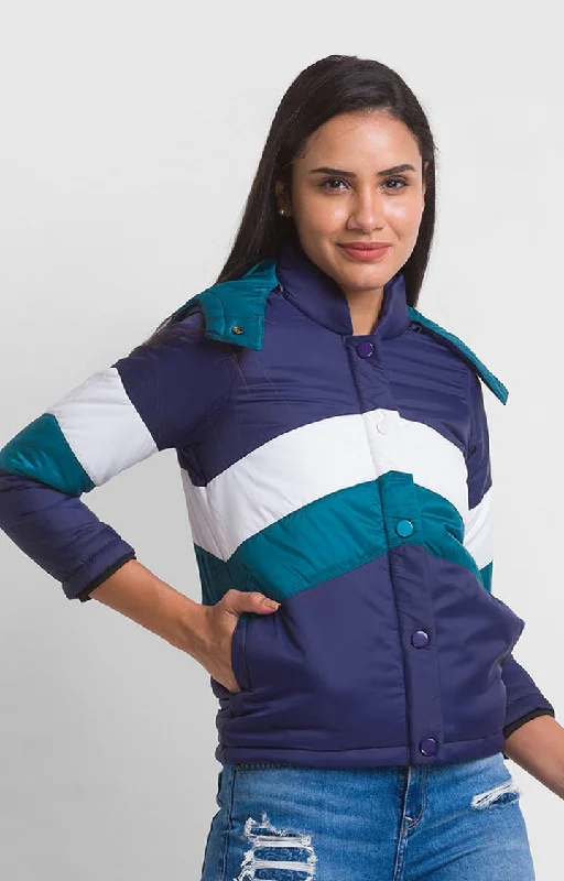 Spykar Navy Nylon Full Sleeve Hooded Jacket For Women