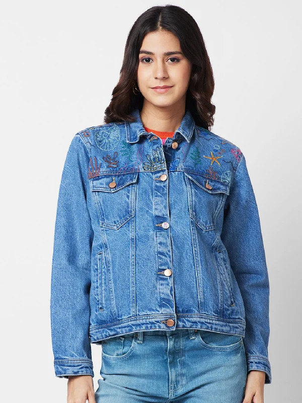 Spykar Women Washed Cotton Denim Jacket with Embroidered