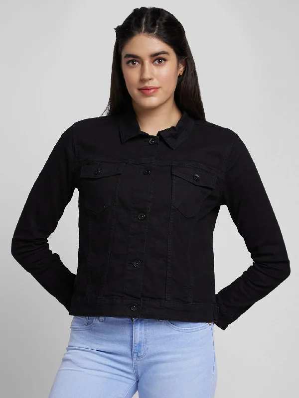 Spykar Women Black Lycra Regular Fit Denim Jacket