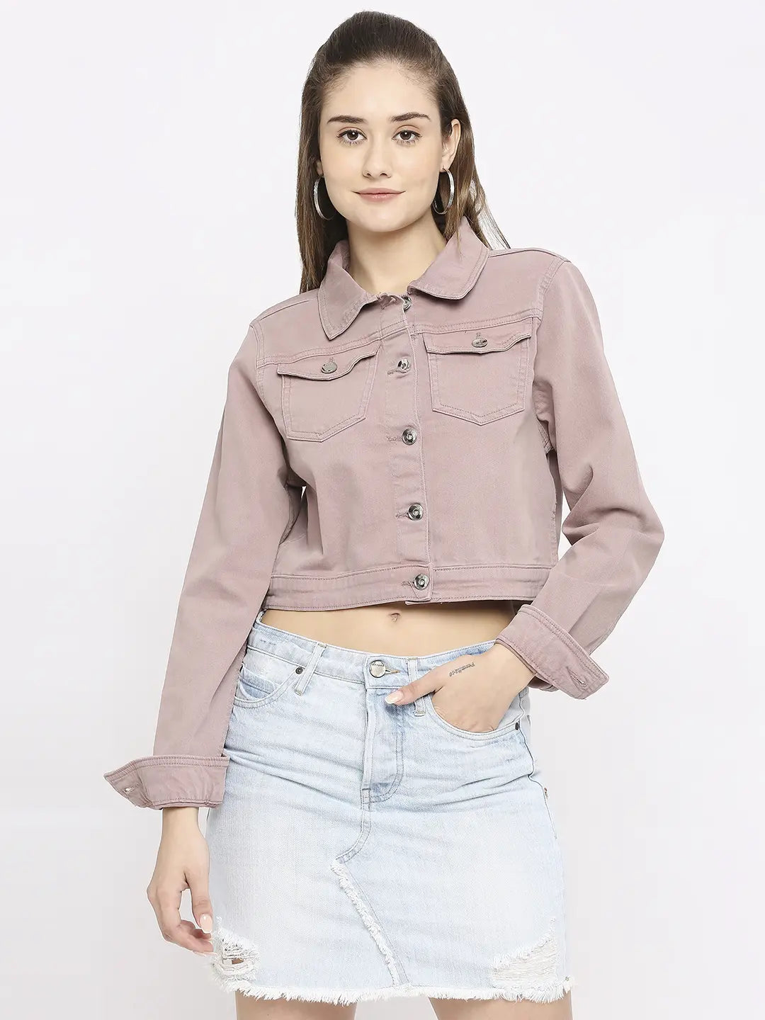 Spykar Women Pink Lycra Regular Fit Crop Denim Jacket