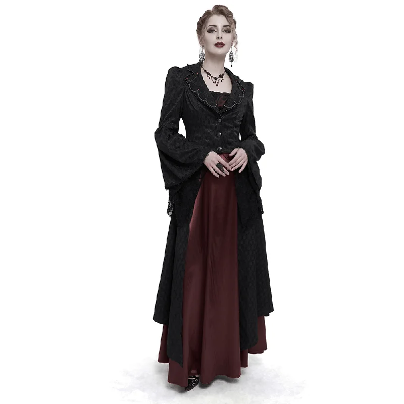 Black Ladies Flared Sleeves Beaded Long Coat / Gothic Retro Long Tail Coat For Women