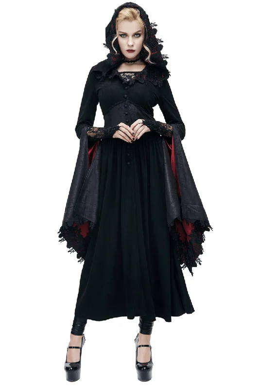 Gothic Women's Long Batwing Sleeve Coat / Elegant Black Red Coat with Lace and Hooded