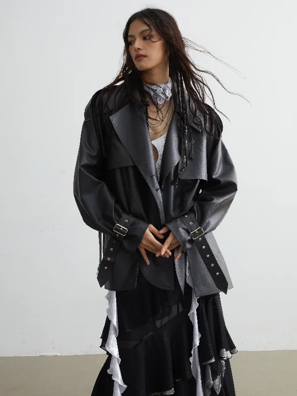 Matte Leather Short Coat With Slit Design