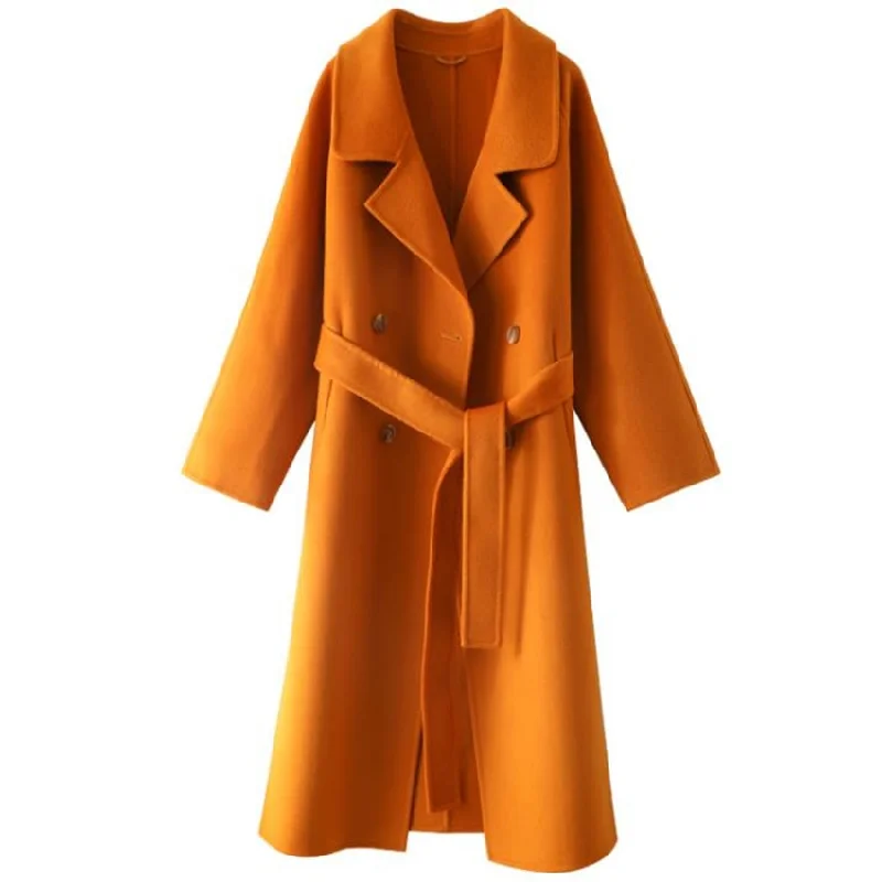 MAVEN Design Women's Fine Fashion Elegant Golden Brown Orange Luxury Style Long Cashmere Wool Coat