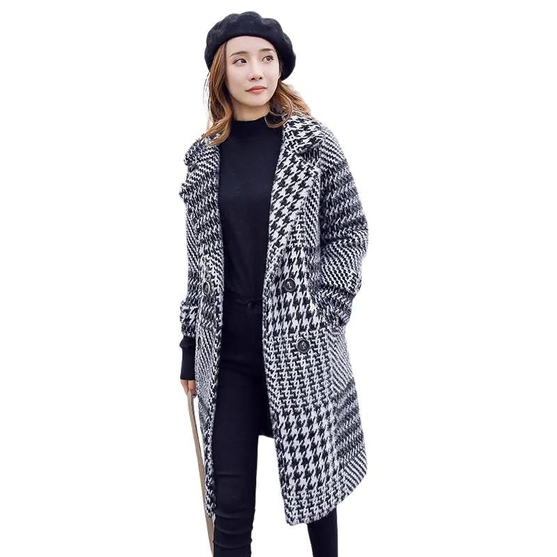 SABRINA Design Women's Fine Fashion Elegant Black & White Luxury Style Plaid Houndstooth Wool Coat