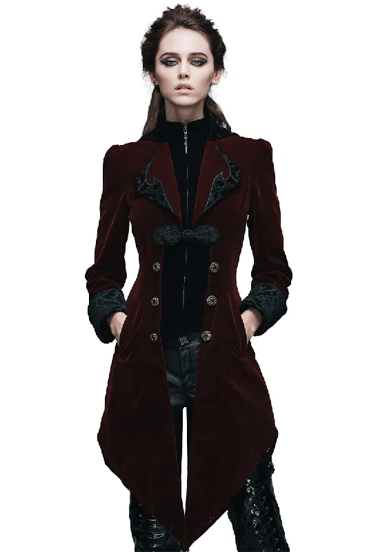 Vintage Women's Steampunk Embroidery Printed Coat / Gothic Burgundy Velvet Coat