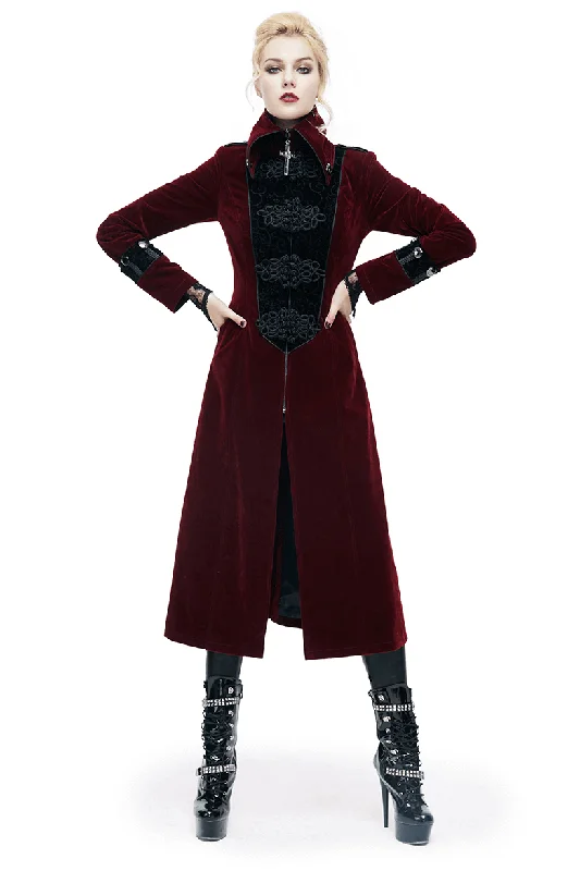 Women Embossed Long Red Coat In Gothic Style / High Collar Alternative Fashion Outerwear