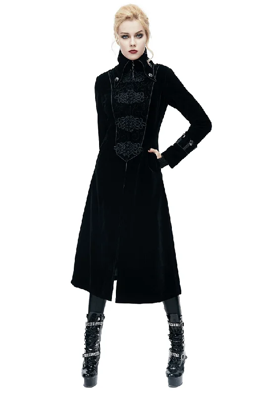 Women's Long Black Coat in Gothic Style / Stand-Collar Jacquard Outerwear