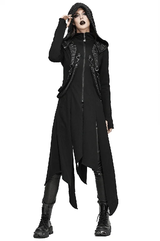 Women's Punk Hooded Waist Long Coat / Original Black Asymmetry Performance Coat