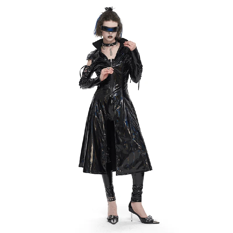 Women's Stand Collar Mesh Splice Patent Leather Coat with Lace-Up Sleeves