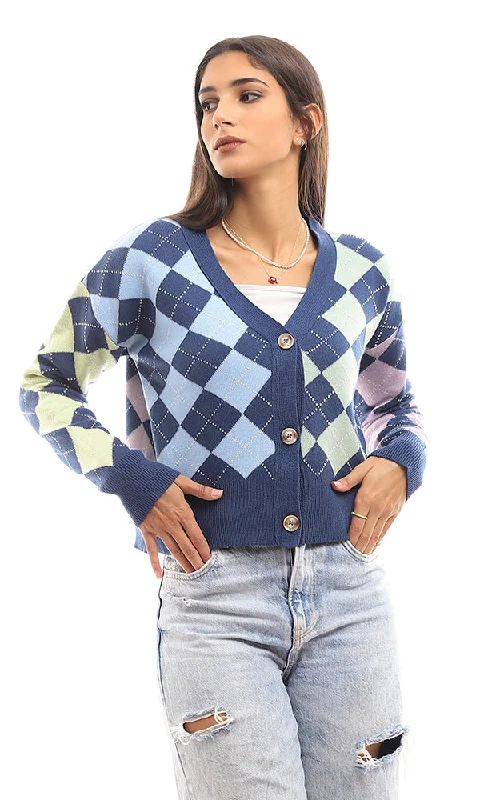 96325 Deep V-Neck Argyle Buttoned Cardigan - Multicolour