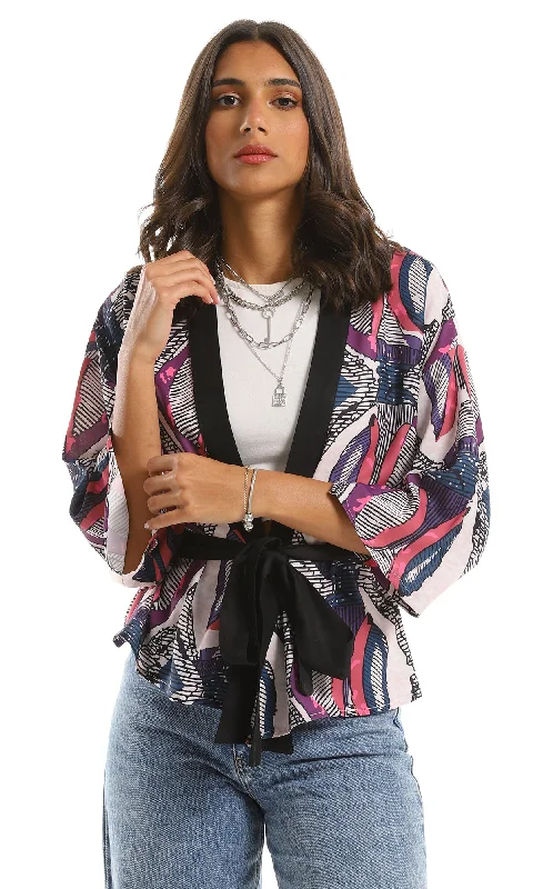 98270 Slip On Patterned Lightweight Cardigan - Beige, Purple & Black