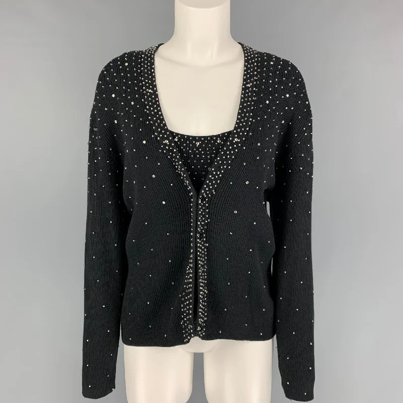 BOB MACKIE Size L Black Cotton Rhinestones V-Neck 2 Piece Cardigan Set