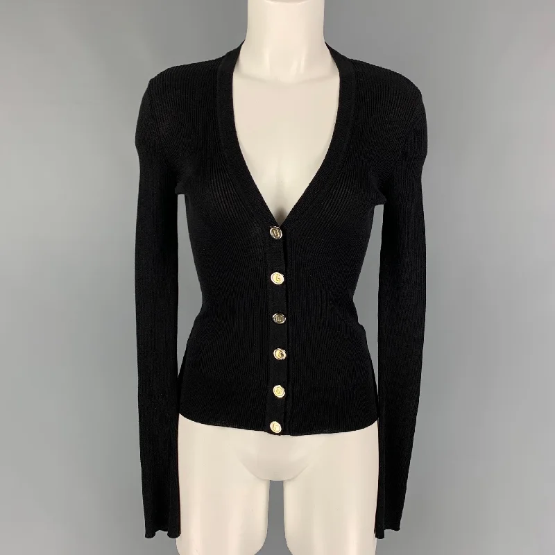 DOLCE & GABBANA Size 4 Black Cotton Ribbed V-Neck Cardigan