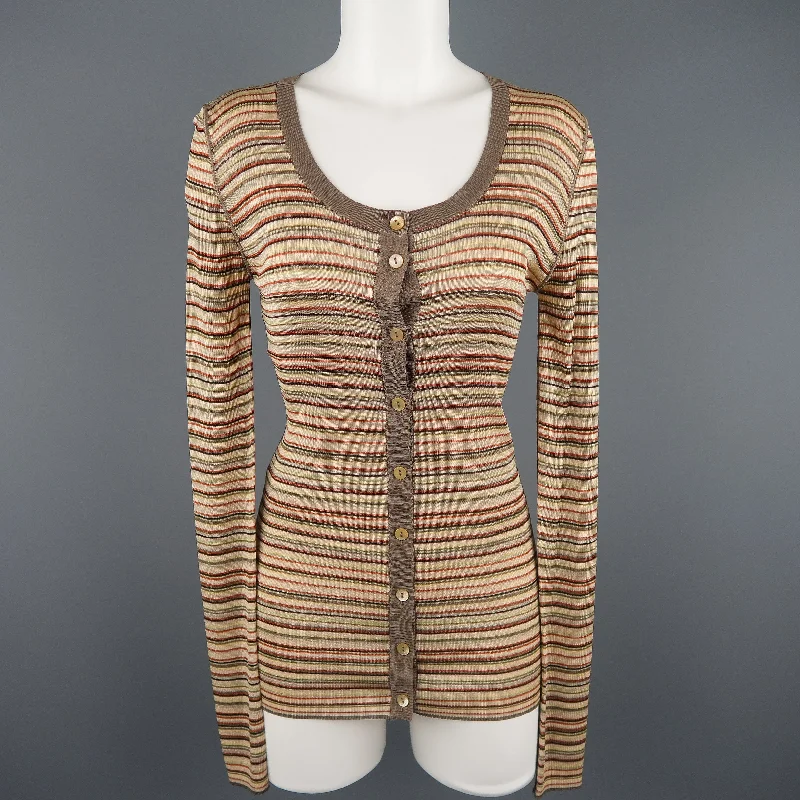 DOLCE & GABBANA Size 8 Beige Rayon / Silk Striped Scoop Neck Cardigan