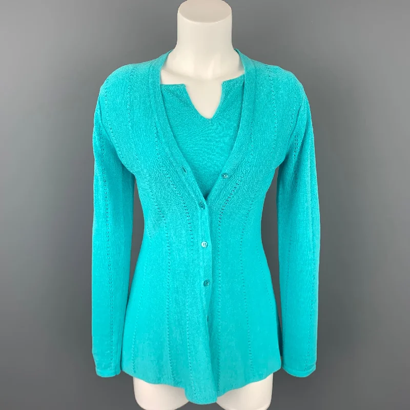 DONCASTER SIGNATURE Size XS Turquoise Linen Blend Cardigan 2 Piece Set